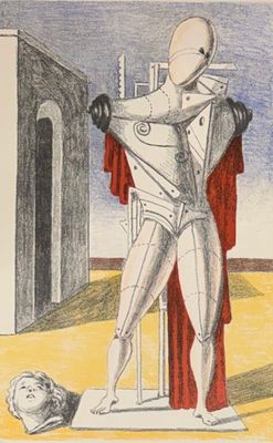 drawing of a man standing on a pedestal with a red cape over his head