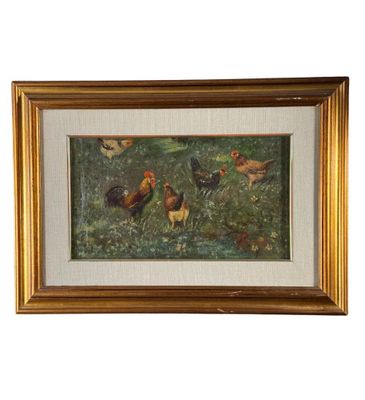 tableau à l'huile encadré représentant des poulets dans un champ d'herbe