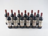 six bottles of red wine lined up in a row on a white surface