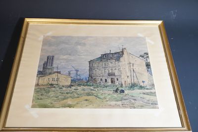 framed watercolor painting of a building in a field with a church in the background