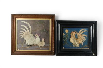 deux photos encadrées représentant des coqs et des poules sur fond blanc