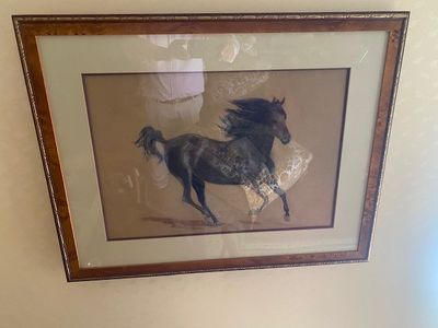 tableau représentant un cheval noir galopant au gré du vent, dans un cadre marron