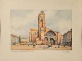 painting of an old church with a clock tower in the middle of a town