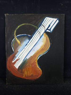 une peinture à l'huile représentant une guitare sur fond noir