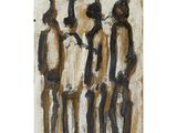 a painting of three men with hats and tails standing next to each other