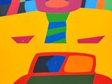 un tableau représentant un homme en cravate avec une voiture devant lui