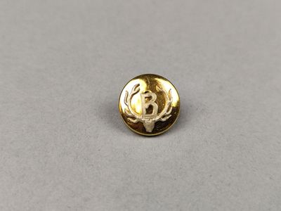 un gros plan d'un bouton doré sur une surface grise