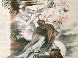 painting of a woman and a bird sitting on a tree branch