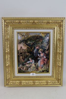 a painting of a man and a woman in a wooded setting
