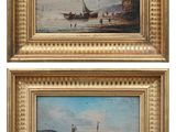pair of oil paintings of boats on the water by a shore