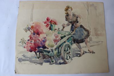 un tableau représentant une femme poussant une charrette chargée de fleurs