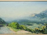an oil painting of a mountain scene with a road in the foreground