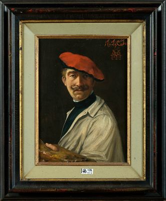 Huile sur panneau d'acajou "Autoportrait du peintre".