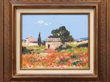 an oil painting of a field of poppies with a house in the background