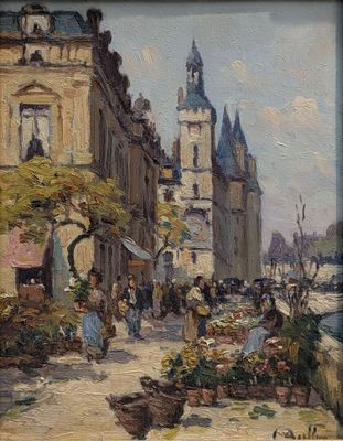 une peinture à l'huile d'une scène de rue avec des gens et des bâtiments