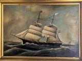 une peinture à l'huile représentant un voilier en mer par temps nuageux