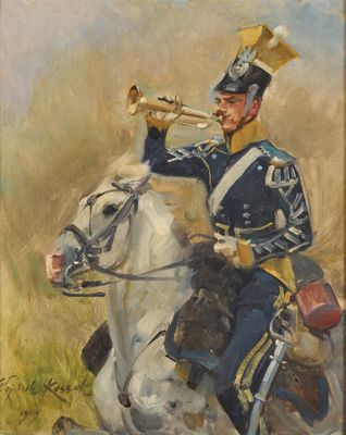 tableau représentant un homme en uniforme chevauchant un cheval blanc et tenant une trompette