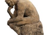 statue of a man sitting on a tree stump with his hand on his chin