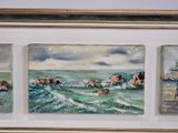painting of three paintings of a beach scene in a gold frame