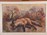 une peinture à l'huile représentant un renard couché dans un champ