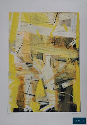 une peinture abstraite composée de lignes jaunes et noires sur fond blanc