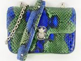 blue and green snake skin handbag with a chain strap