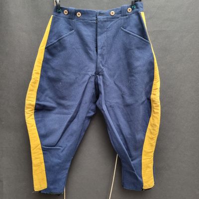 a pair of blue pants with yellow trims hanging on a clothes line