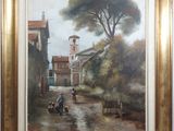 an image of a painting of a village scene with a horse drawn carriage