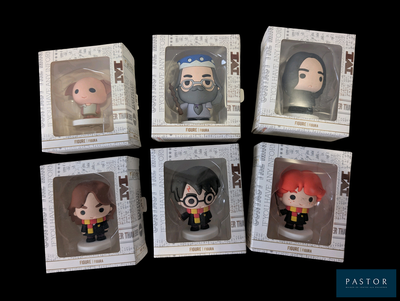 Quatre figurines Harry Potter se trouvent dans une boîte sur fond noir