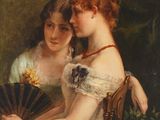 tableau représentant deux femmes assises sur une chaise, un éventail à la main