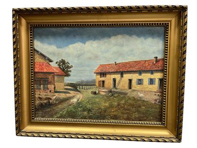 an oil painting of a farm scene in a gold frame