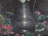 a painting of a silver vase with flowers in it