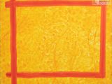 a painting of an orange square with a red border on a yellow background