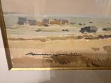 an image of a painting of a view of a beach with houses in the distance