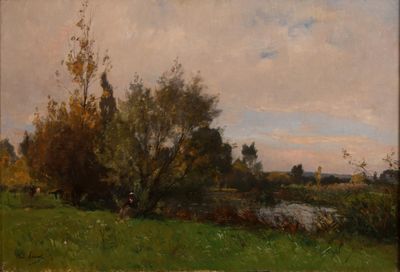 peinture d'un paysage avec une rivière et des arbres au premier plan
