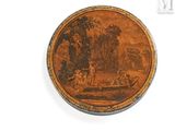 an old picture of a wooden box with a picture of a man in a boat