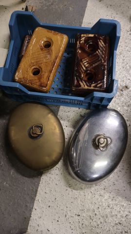 Lot de chaufferettes en grès (1fêlé) et 2 bouillottes en cuivre e...