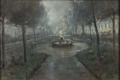 a painting of a fountain in the middle of a park
