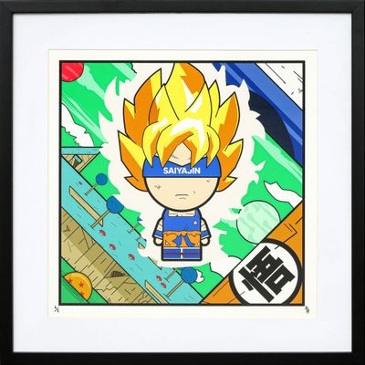 a framed picture of a cartoon character in a blue and yellow outfit