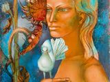 tableau représentant une femme tenant une fleur, avec un dragon en arrière-plan