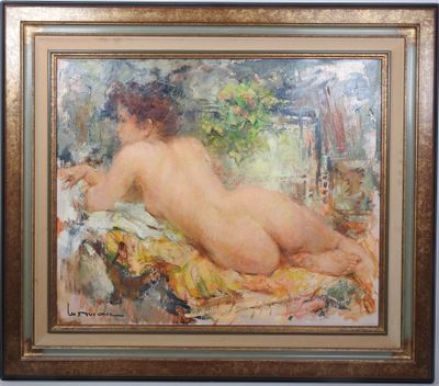 an oil painting of a nude woman laying on a bed