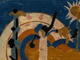 a painting of a group of people on a blue and yellow background