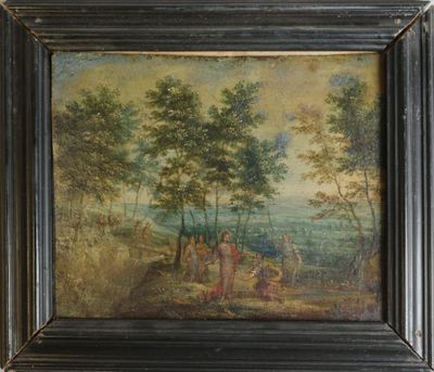 une peinture à l'huile représentant un paysage avec des personnages au premier plan