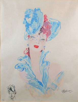 dessin représentant une femme portant un chapeau bleu et une robe bleue