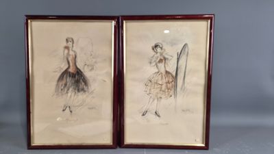 two framed drawings of a woman in a dress and a man in a tutu