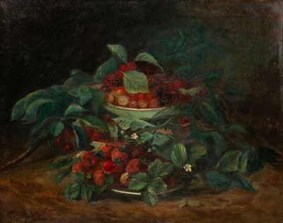 un tableau représentant un bol de cerises posé sur une table