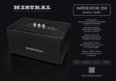 a black and white advertisement of a speaker with a black background
