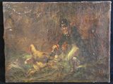 un vieux tableau représentant un homme assis sur un lit, avec un chien au premier plan