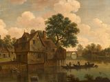 painting of a river scene with a village and a bridge