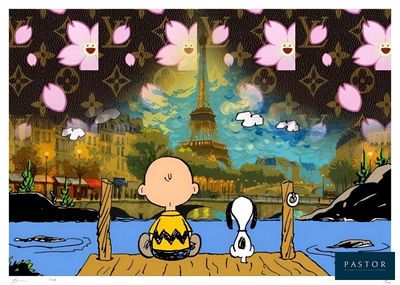 Peanuts et Snoop assis sur un quai, avec la Tour Eiffel en arrière-plan